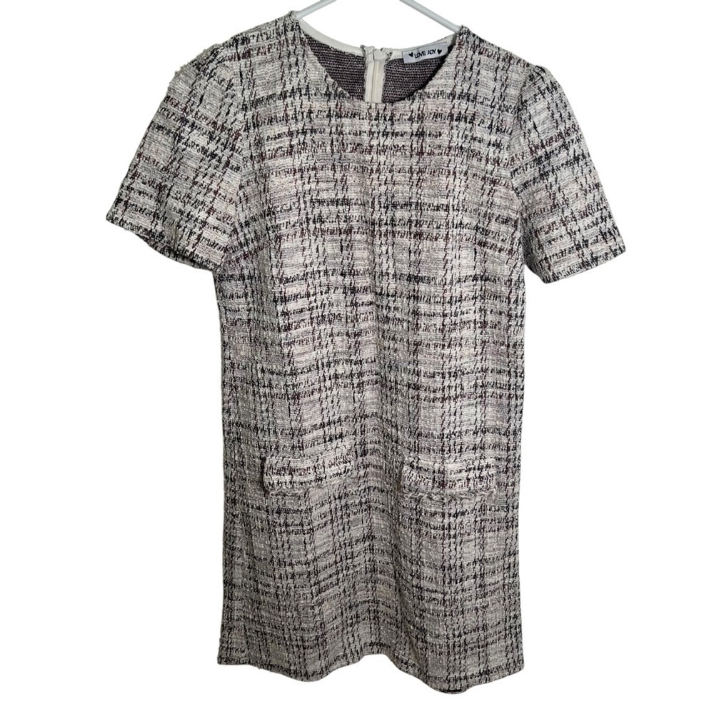 Love Ady Women's Boucle Tweed Shift Dress White Maroon Black Metallic Short Slv